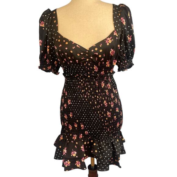 For Love & Lemons Camellia Mini Dress Black Floral Smocked Short Sleeve Medium - Picture 4 of 12